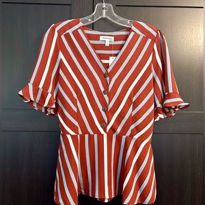 NWT! Rust Striped Fluted Sleeve Peplum Blouse